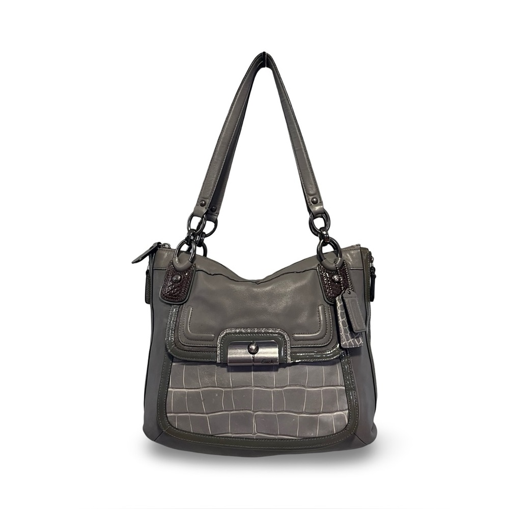 Coach Kristen Oyster Gray Leather/Ostrich Embossed Satchel Shoulder Bag